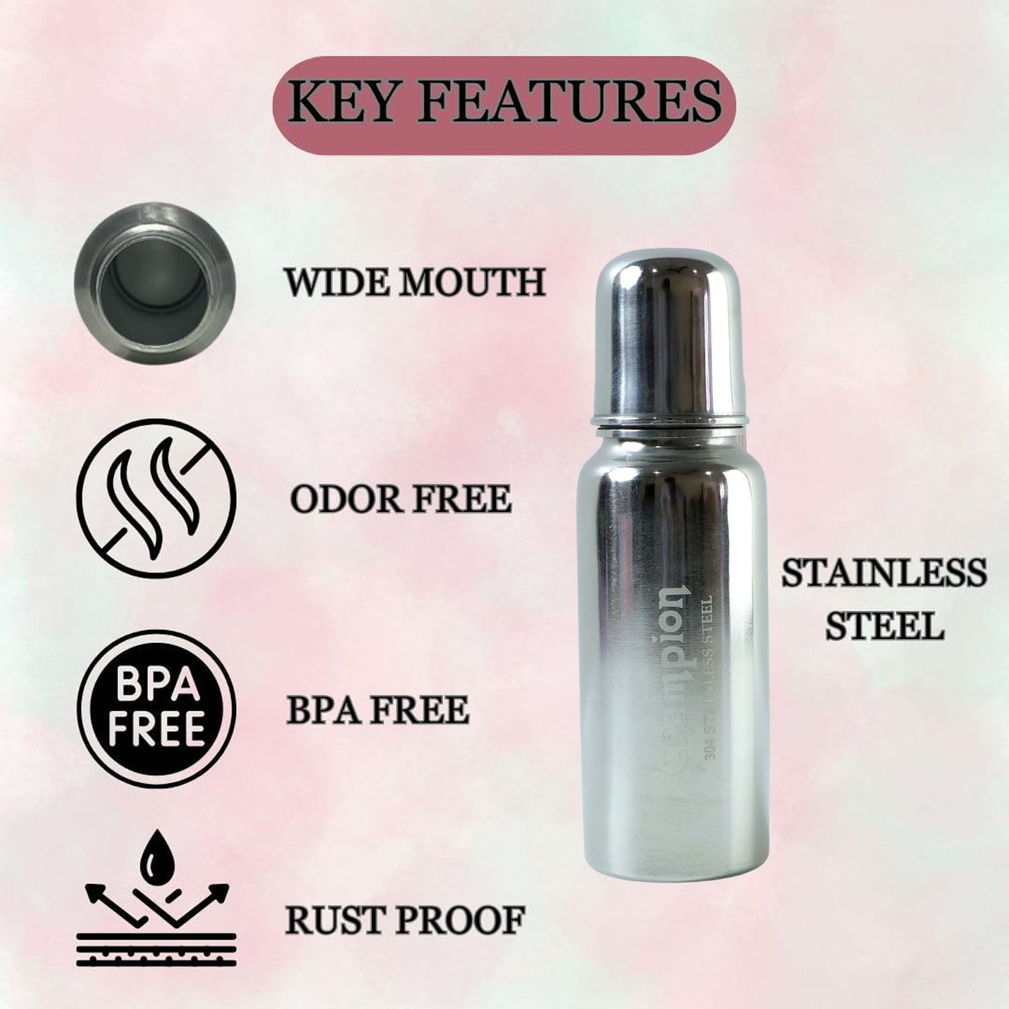 Stainless steel baby feeding bottle with 200ml capacity and ergonomic design, branded Wukusy, suitable for infants.