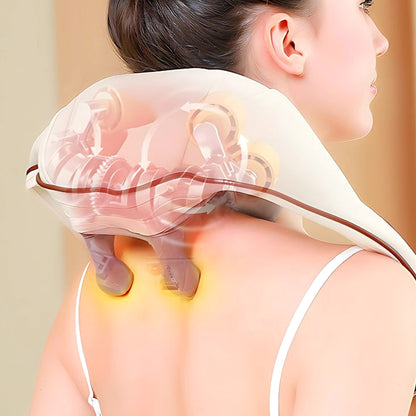 Wukusy adjustable neck and shoulder massager belt showing black belt with massaging nodes and control panel for targeted relaxation.