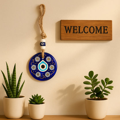 Decorative evil eye wall hanging with beads, Nazar protector charm, and wind chime design by Wukusy for home decor.