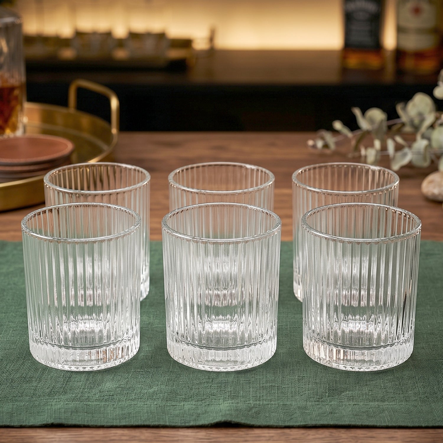 Six Wukusy premium crystal glass tumblers, 250ml each, displayed together on a neutral background.