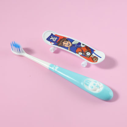 Kids Wukusy toothbrush with cartoon sketchboard toy, featuring colorful design and playful character illustrations.