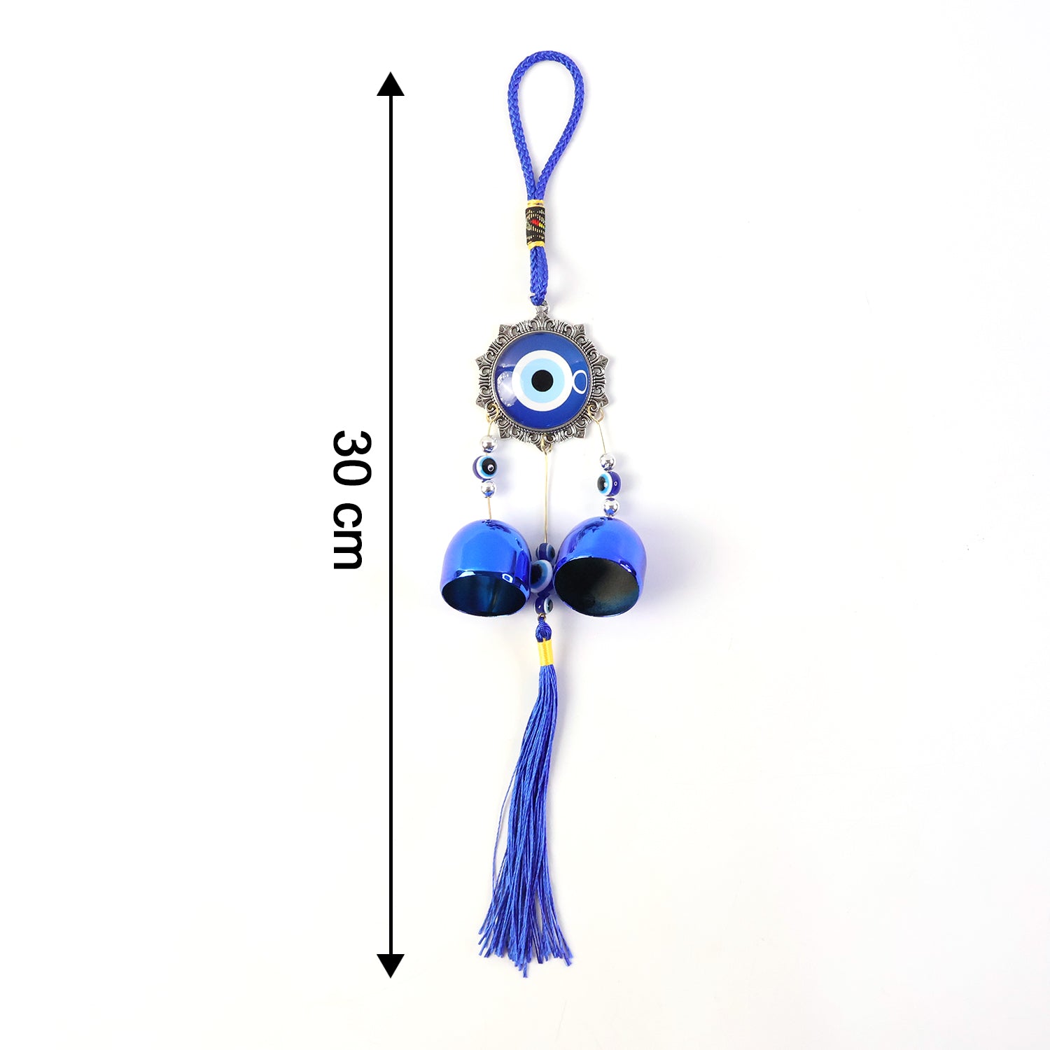 Decorative evil eye hanging wind chime set with two colorful glass evil eye charms and metal bells for outdoor decor.