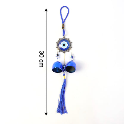 Decorative evil eye hanging wind chime set with two colorful glass evil eye charms and metal bells for outdoor decor.