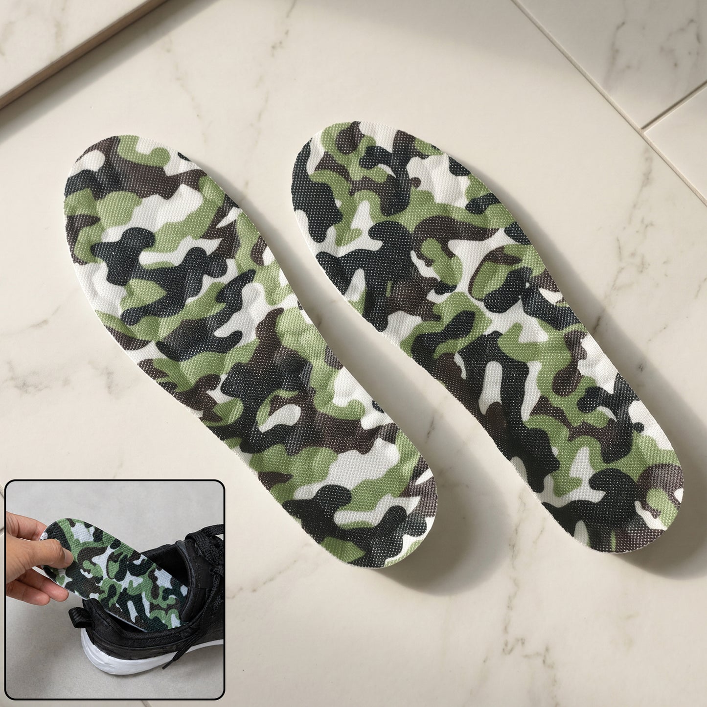 Pair of Wukusy camouflage comfort shoe insoles with soft cushioning, suitable for size 35 to 38 shoes, shown in the image.