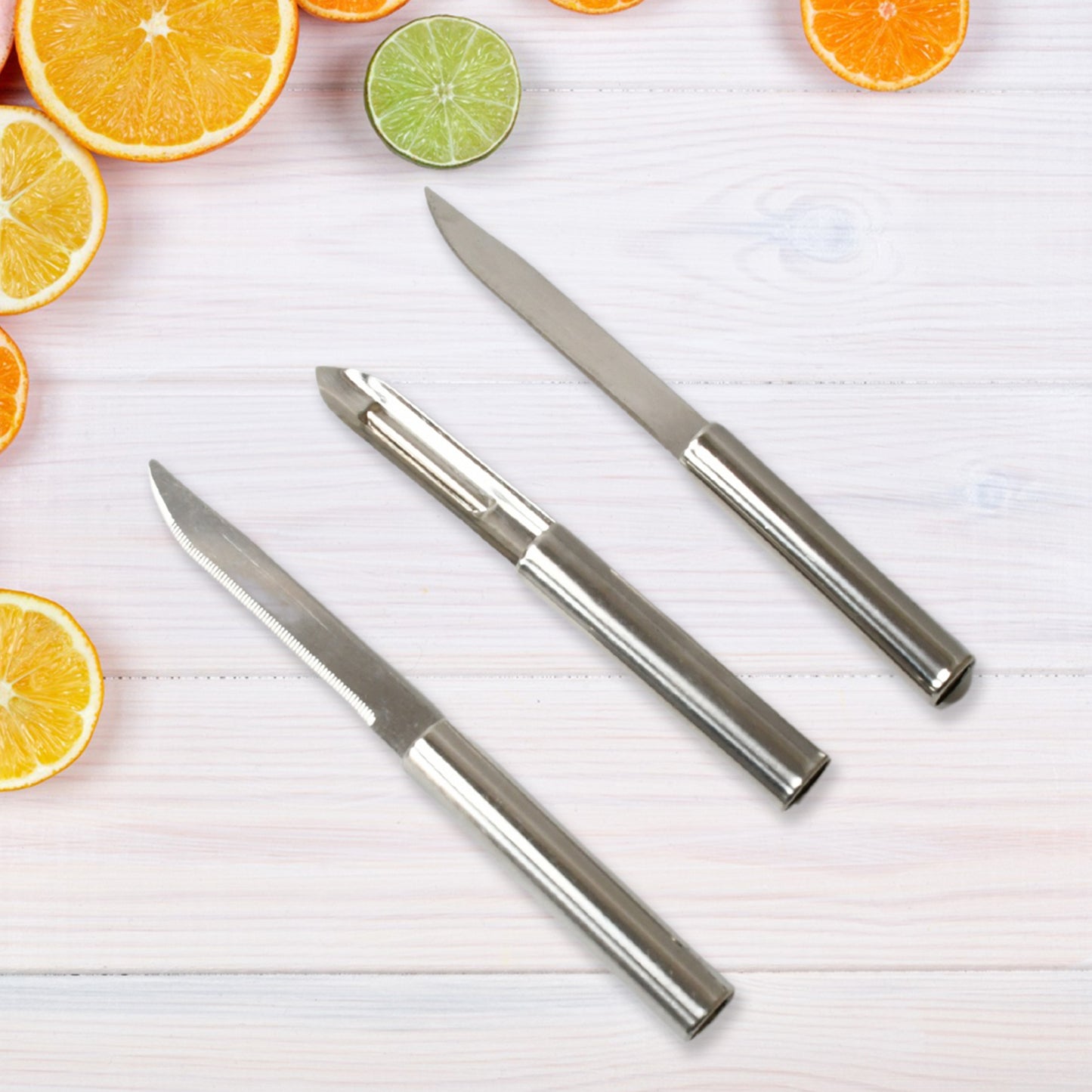 Set of three Wukusy stainless steel multipurpose knives with non-slip handles for fruit, meat, and vegetable chopping.