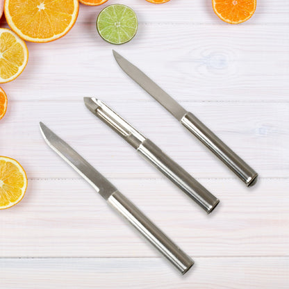Set of three Wukusy stainless steel multipurpose knives with non-slip handles for fruit, meat, and vegetable chopping.