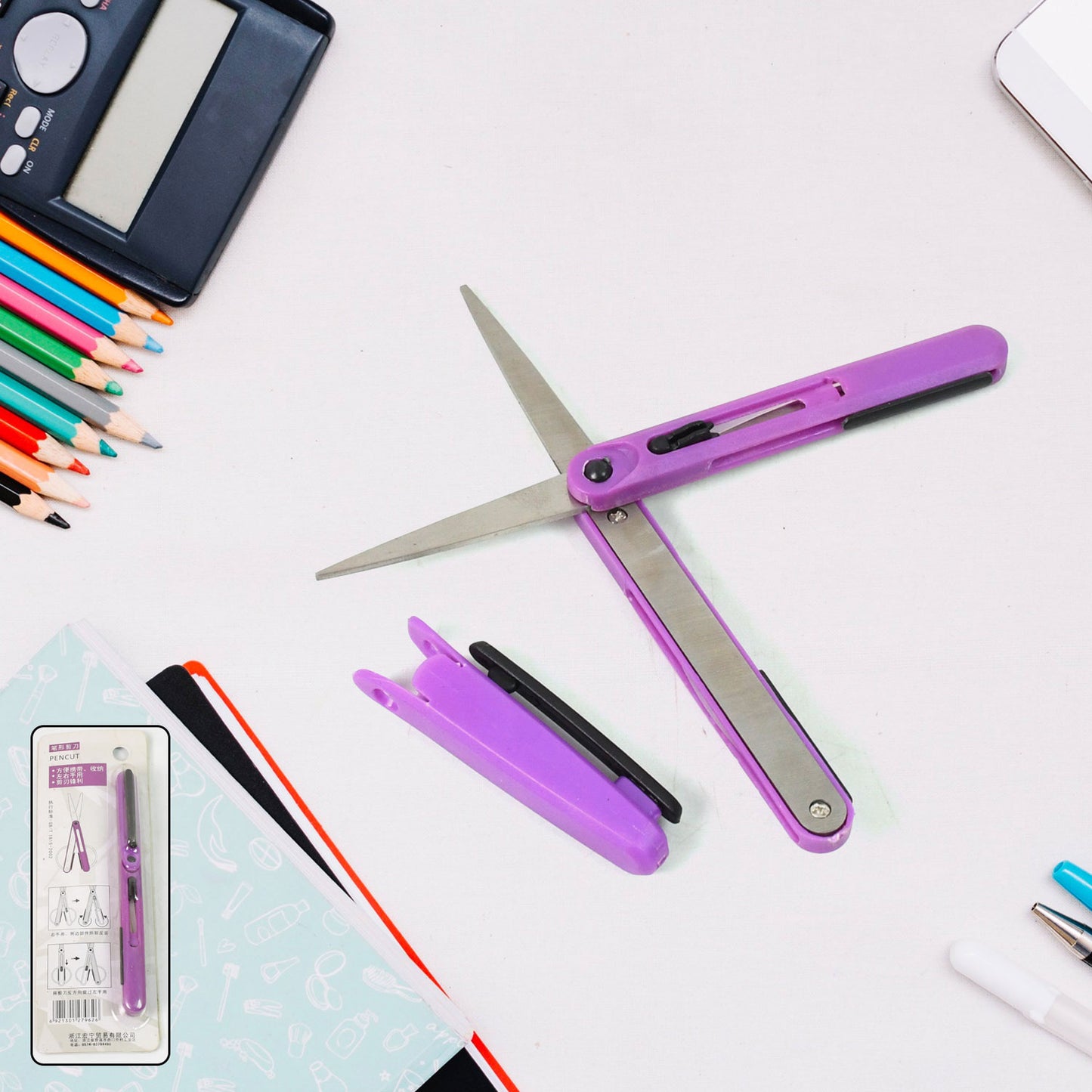 Wukusy Pen Cut Compact Scissors in pen style with black and silver design, portable travel scissors for home improvement tasks
