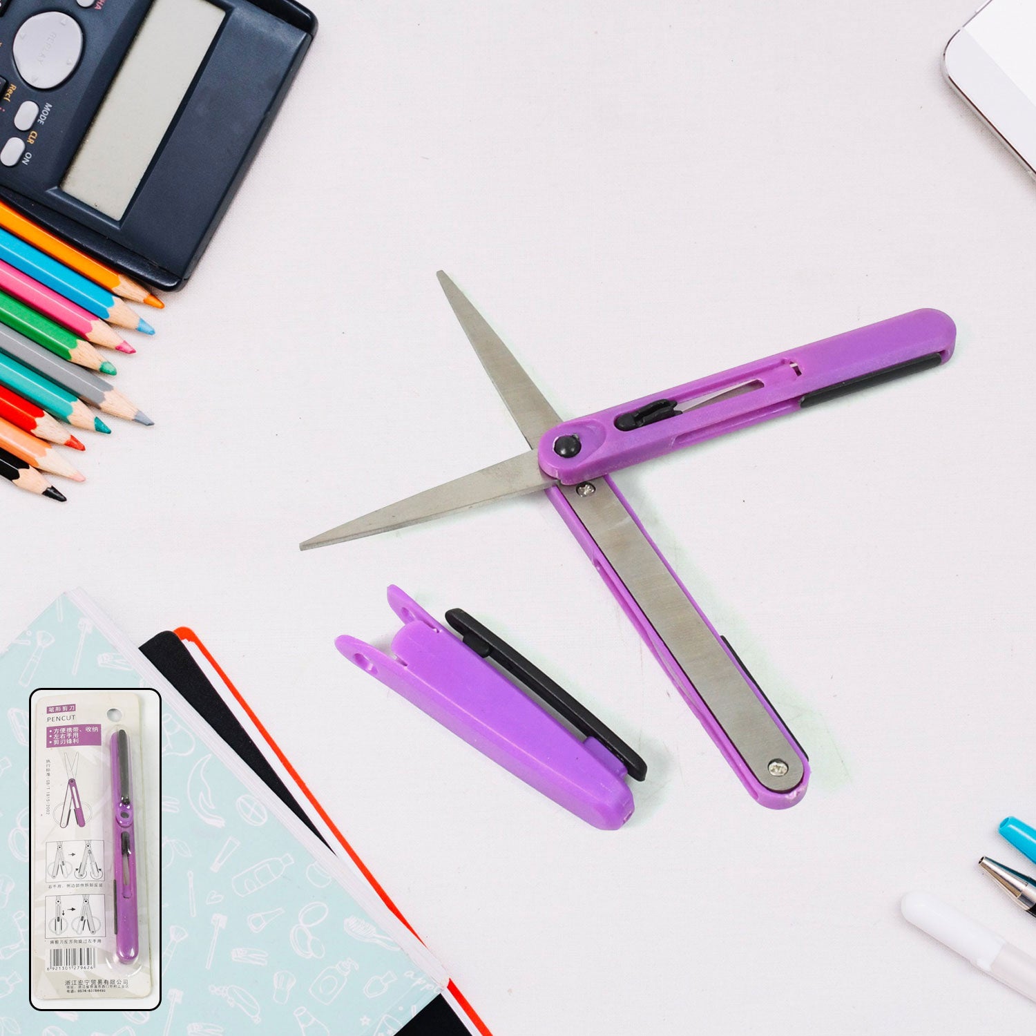 Wukusy Pen Cut Compact Scissors in pen style with black and silver design, portable travel scissors for home improvement tasks