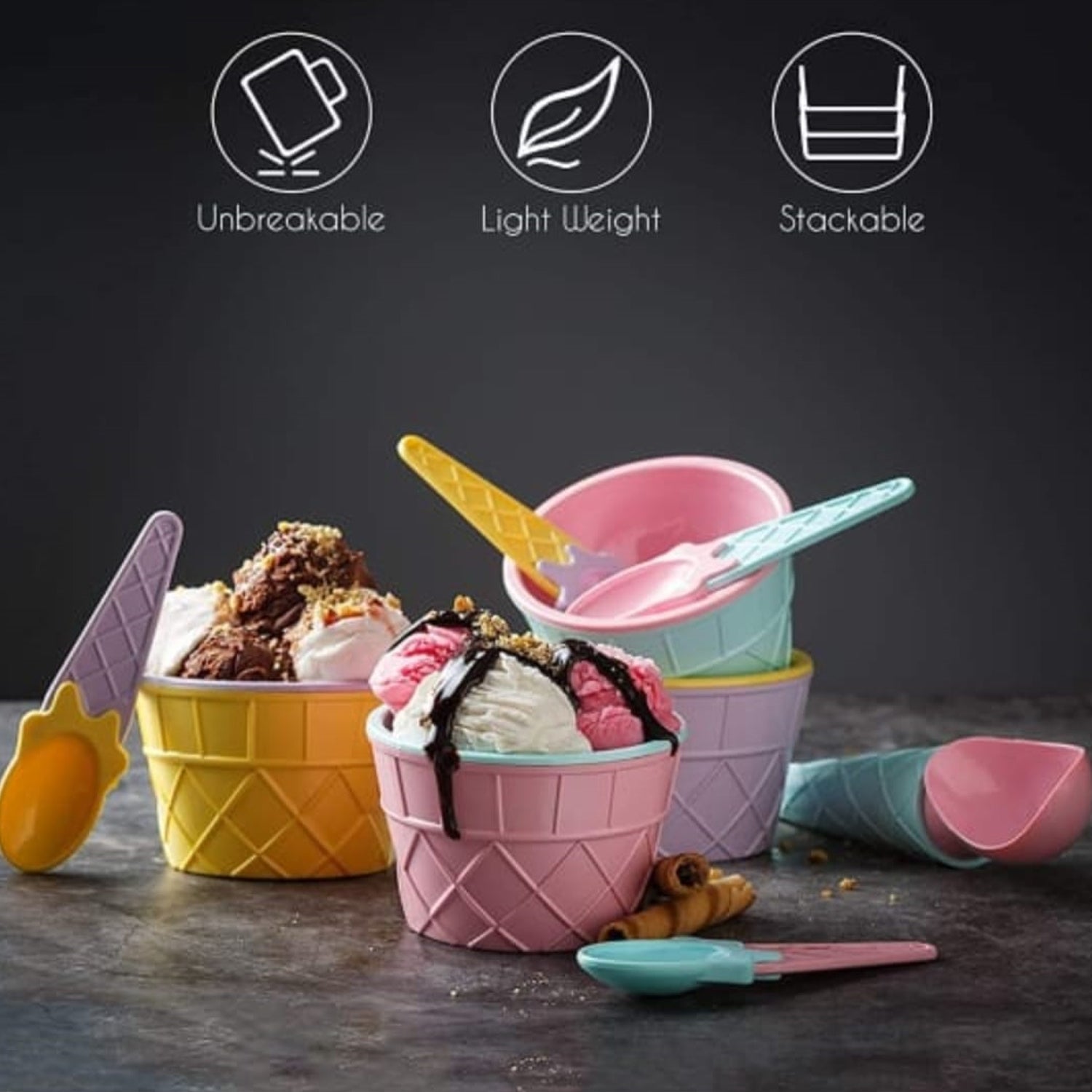 Set of six Wukusy ice-cream waffle bowls with spoons in a colorful box, perfect for serving ice cream desserts.