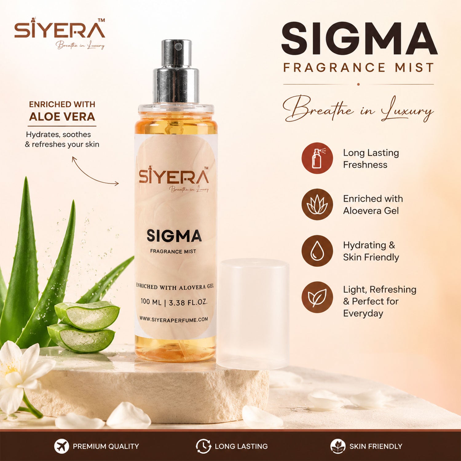 Wukusy Sigma Fragrance Mist Body Spray with aloe vera gel, 100ml bottle, featuring a sleek design and refreshing scent.