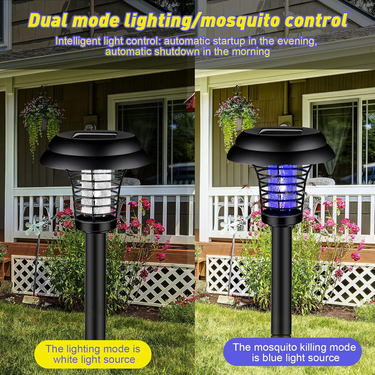Wukusy solar-powered UV LED mosquito trap and bug zapper in outdoor garden setting, designed to attract and eliminate flying insects.