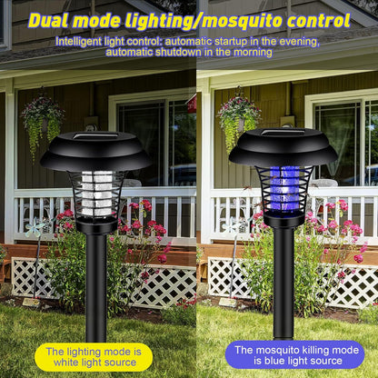 Wukusy solar-powered UV LED mosquito trap and bug zapper in outdoor garden setting, designed to attract and eliminate flying insects.