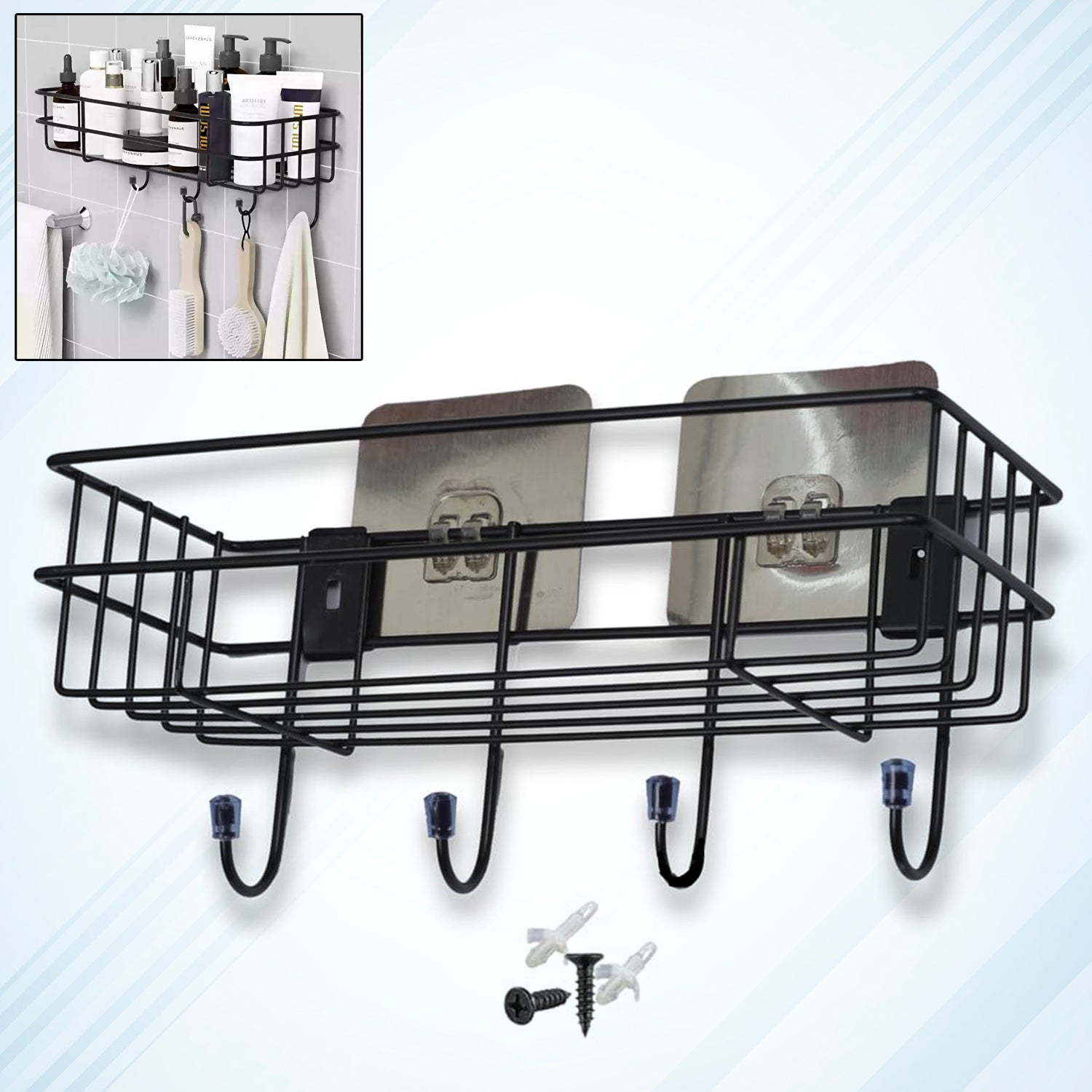 Wukusy 9009 3-in-1 shower shelf rack with multiple compartments for storing household items in the bathroom.