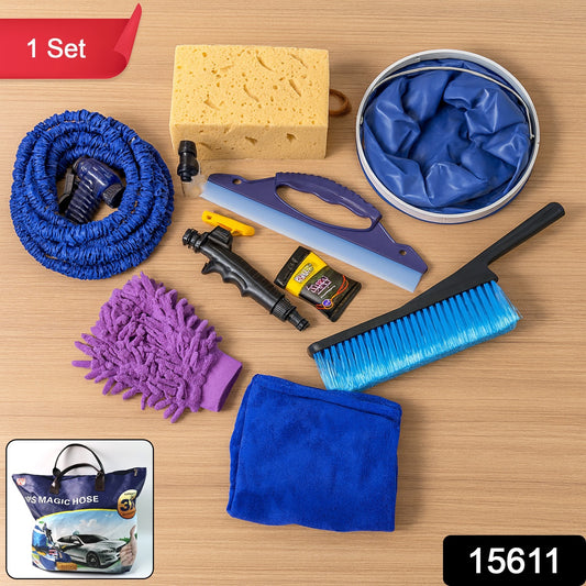 Wukusy 9-in-1 car washing and cleaning kit accessories set with brushes, sponges, and scrubbers for vehicle detailing.