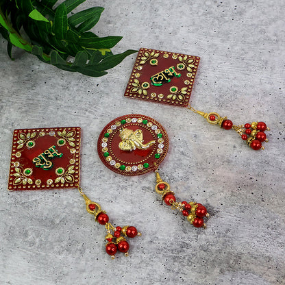 Decorative wall hanging set with Shubh Labh and Ganesh designs, Wukusy home decor, featuring three colorful wall art pieces.