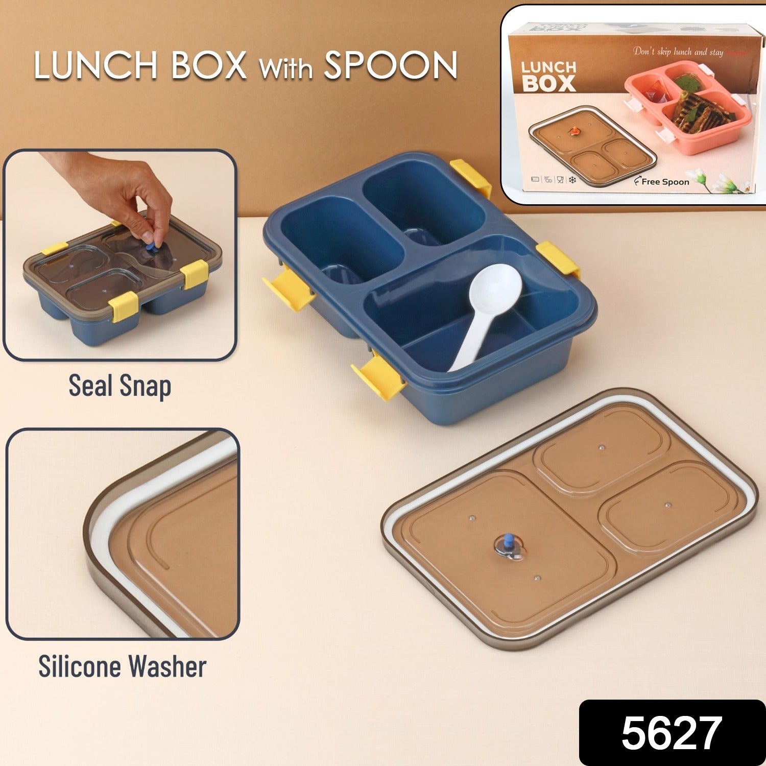 Wukusy plastic lunch box for kids with three compartments, insulated tiffin box suitable for boys, girls, school, and office use