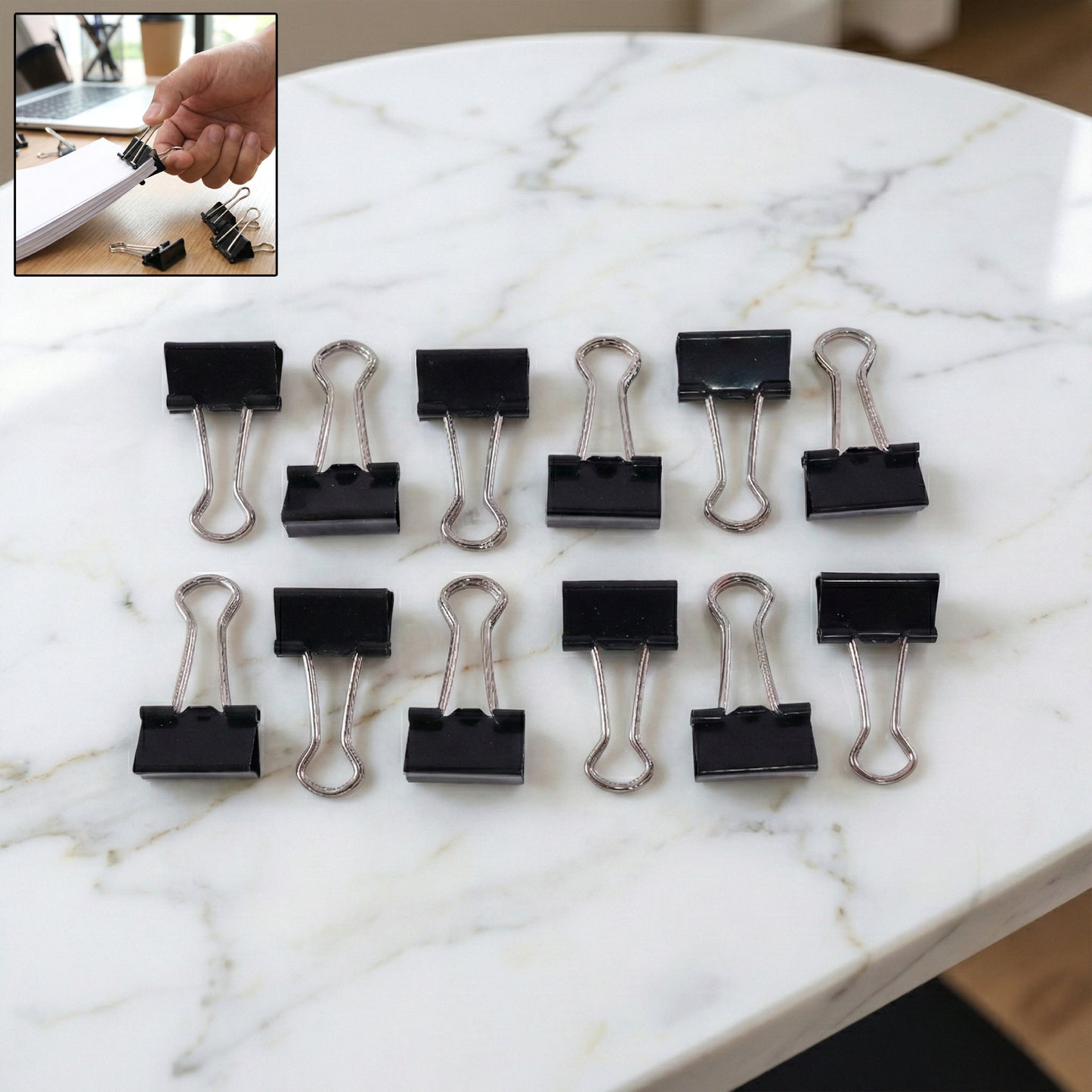 Set of 12 black metal binder clips, 19 mm size, by Wukusy, arranged for organizing papers and documents.