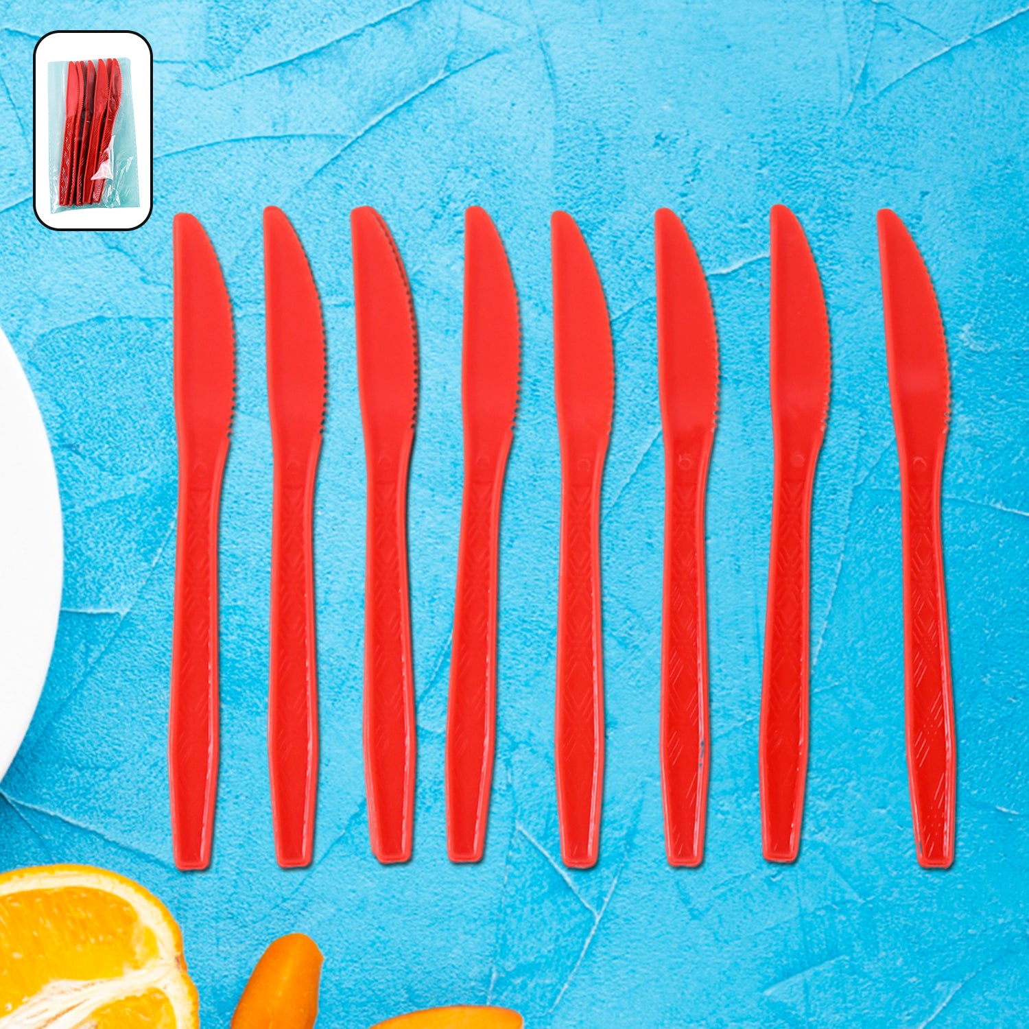 Set of 8 durable plastic kitchen knives by Wukusy, featuring colorful handles and sharp blades for various food prep tasks.