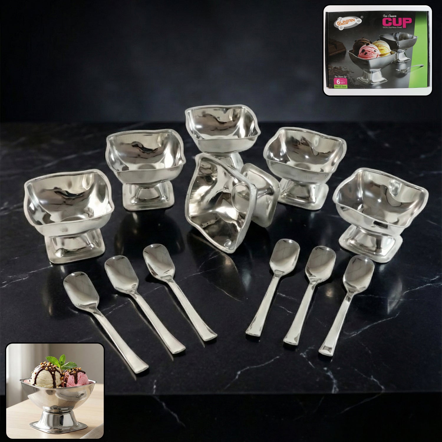 Premium stainless steel ice cream cup with 6 spoons from Wukusy, featuring a sleek, durable design for serving desserts.