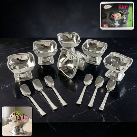 Premium stainless steel ice cream cup with 6 spoons from Wukusy, featuring a sleek, durable design for serving desserts.