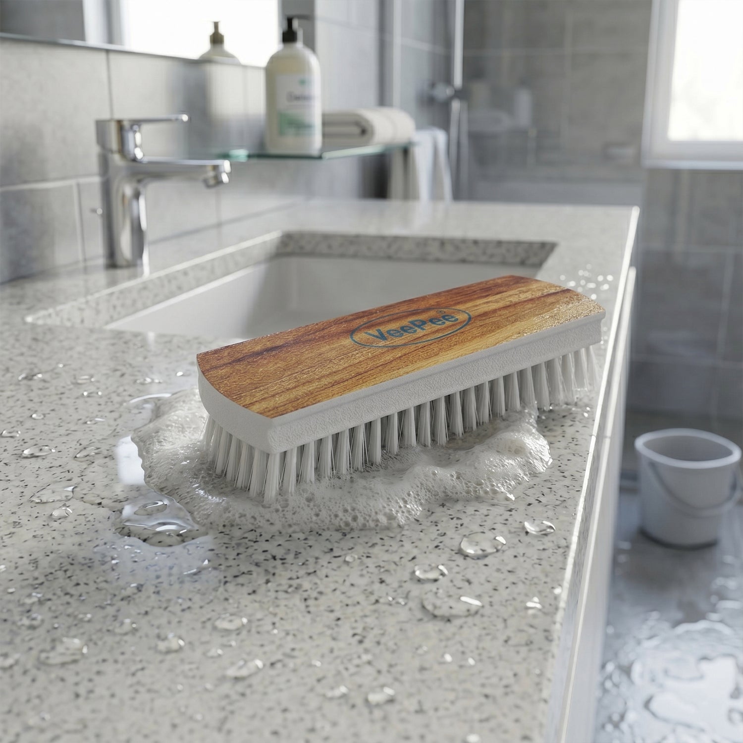 Wukusy Veepee cloth washing scrub brush with heavy-duty bristles and wooden handle for cleaning and scrubbing surfaces.