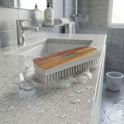 Wukusy Veepee cloth washing scrub brush with heavy-duty bristles and wooden handle for cleaning and scrubbing surfaces.