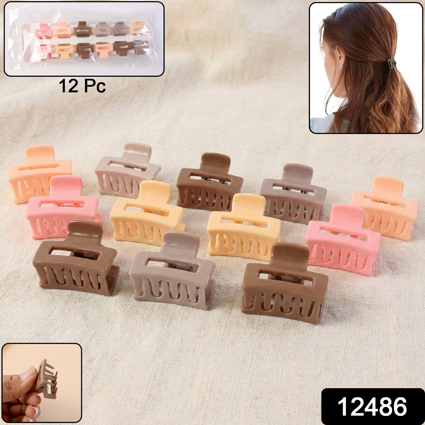 Set of 12 stylish mini hair claw clips by Wukusy, showing various colors and sizes for versatile hair styling.