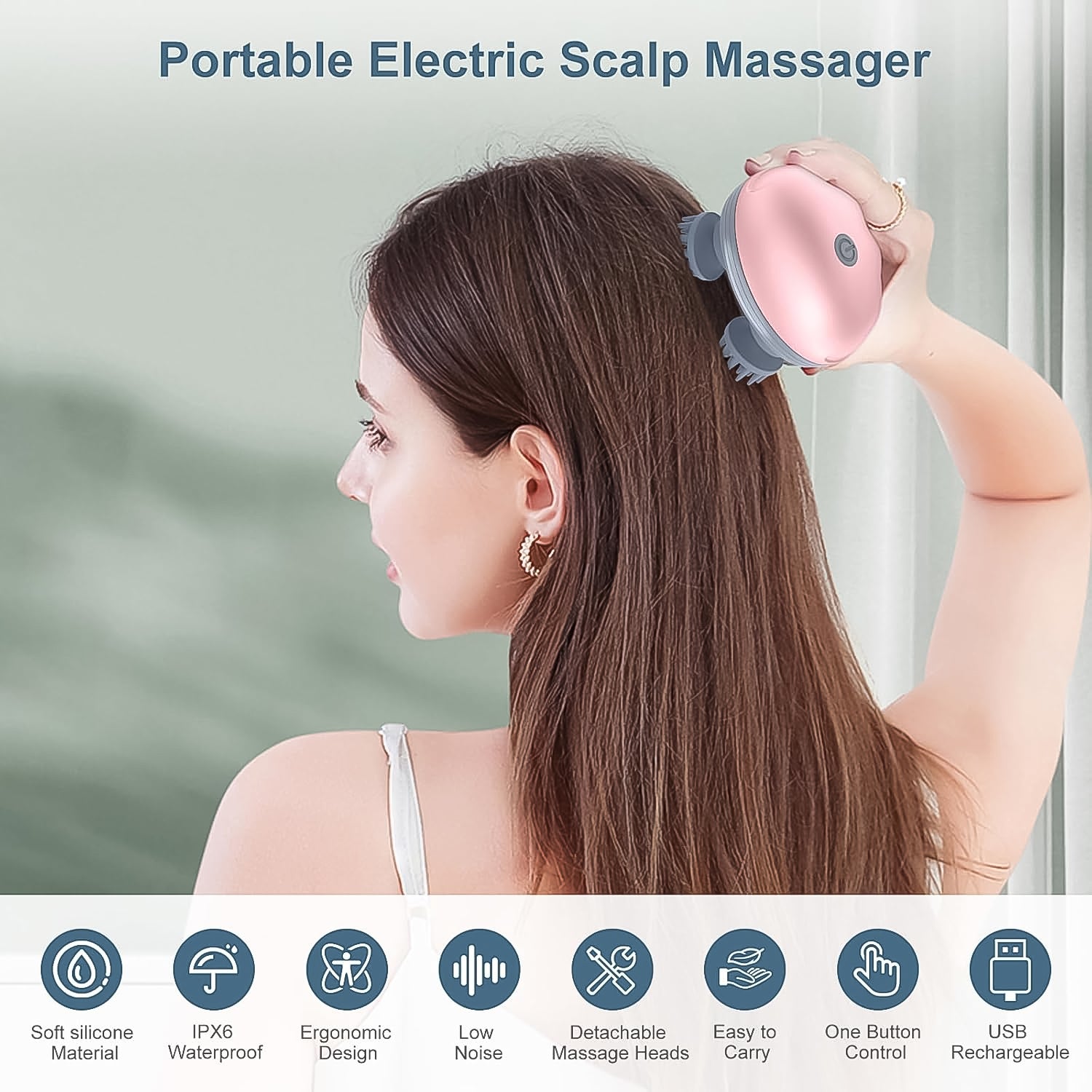 Wukusy Smart Electric Scalp Massager showing a handheld device with silicone massage nodes and ergonomic design.