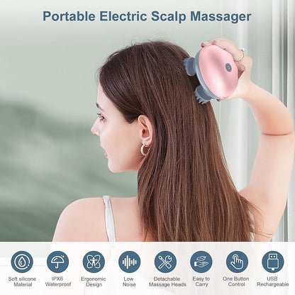 Wukusy Smart Electric Scalp Massager showing a handheld device with silicone massage nodes and ergonomic design.