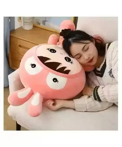 Pink plush stuffed doll with bunny cap, Ekom brand, soft toy for kids and girls, adorable and cuddly for play and comfort.