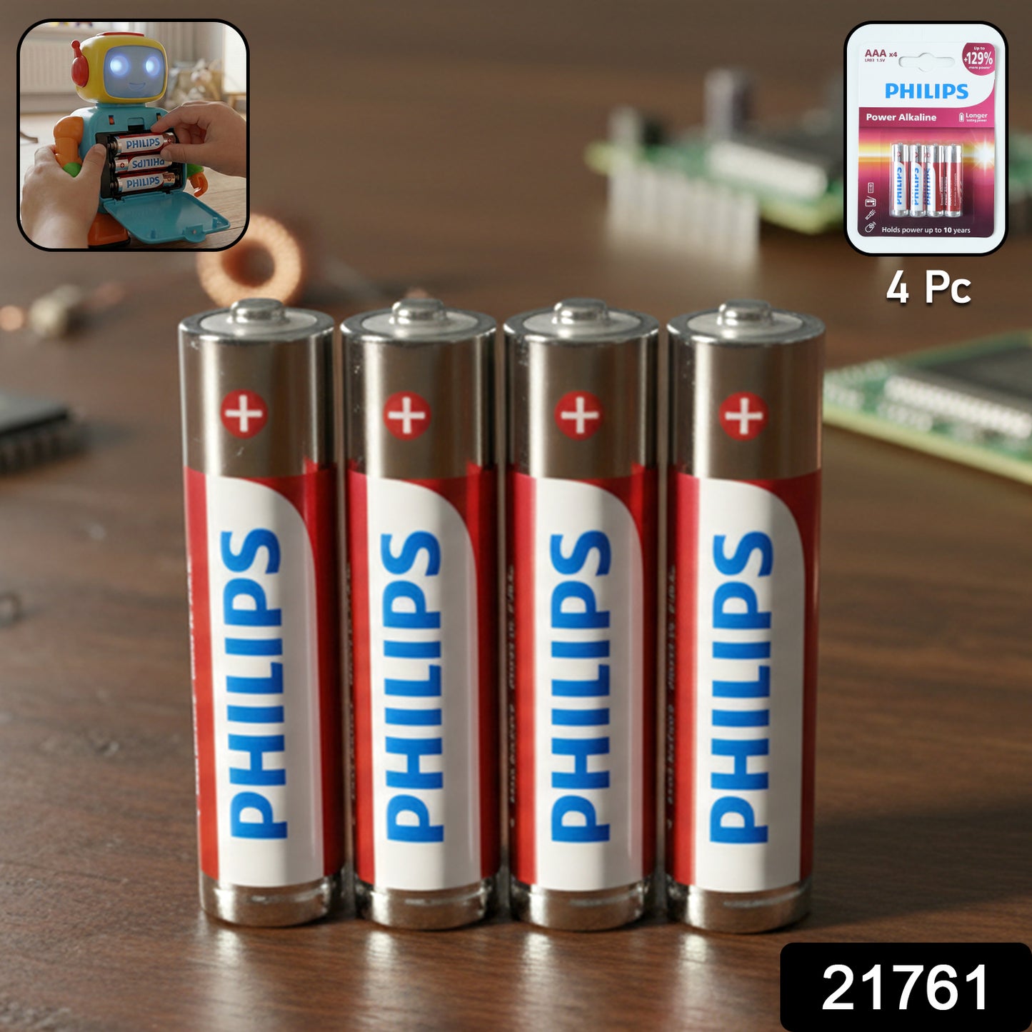 Four Wukusy AAA alkaline batteries in a pack, showing the battery size and brand on the packaging.