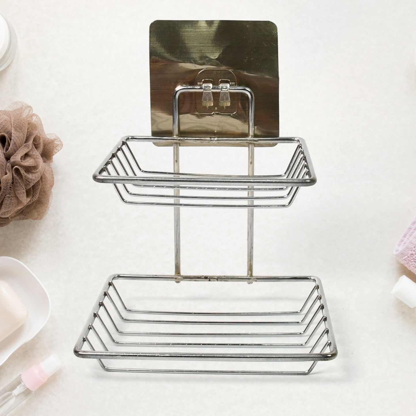 Wukusy 1763 kitchen and bathroom soap storage rack with two hooks, mounted on a wall for organized soap and accessory storage