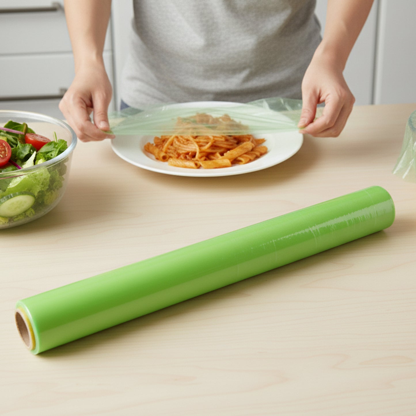 Wukusy Freshee biodegradable cling film roll, 30 meters long and 300mm wide, shown unrolled on a kitchen surface.