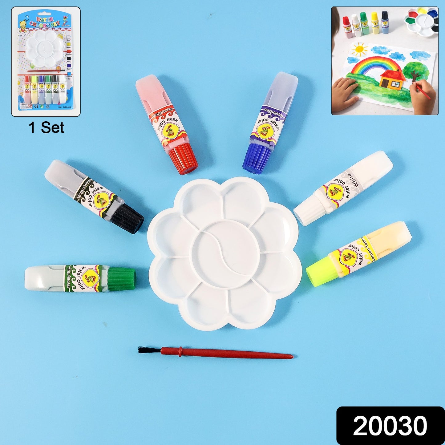 Kids watercolor painting set with brushes and mixing palette by Wukusy, featuring colorful paints and art supplies for children.