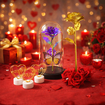 Wukusy Romantic Gift Set featuring candles, chocolates, and flowers arranged for a romantic occasion.