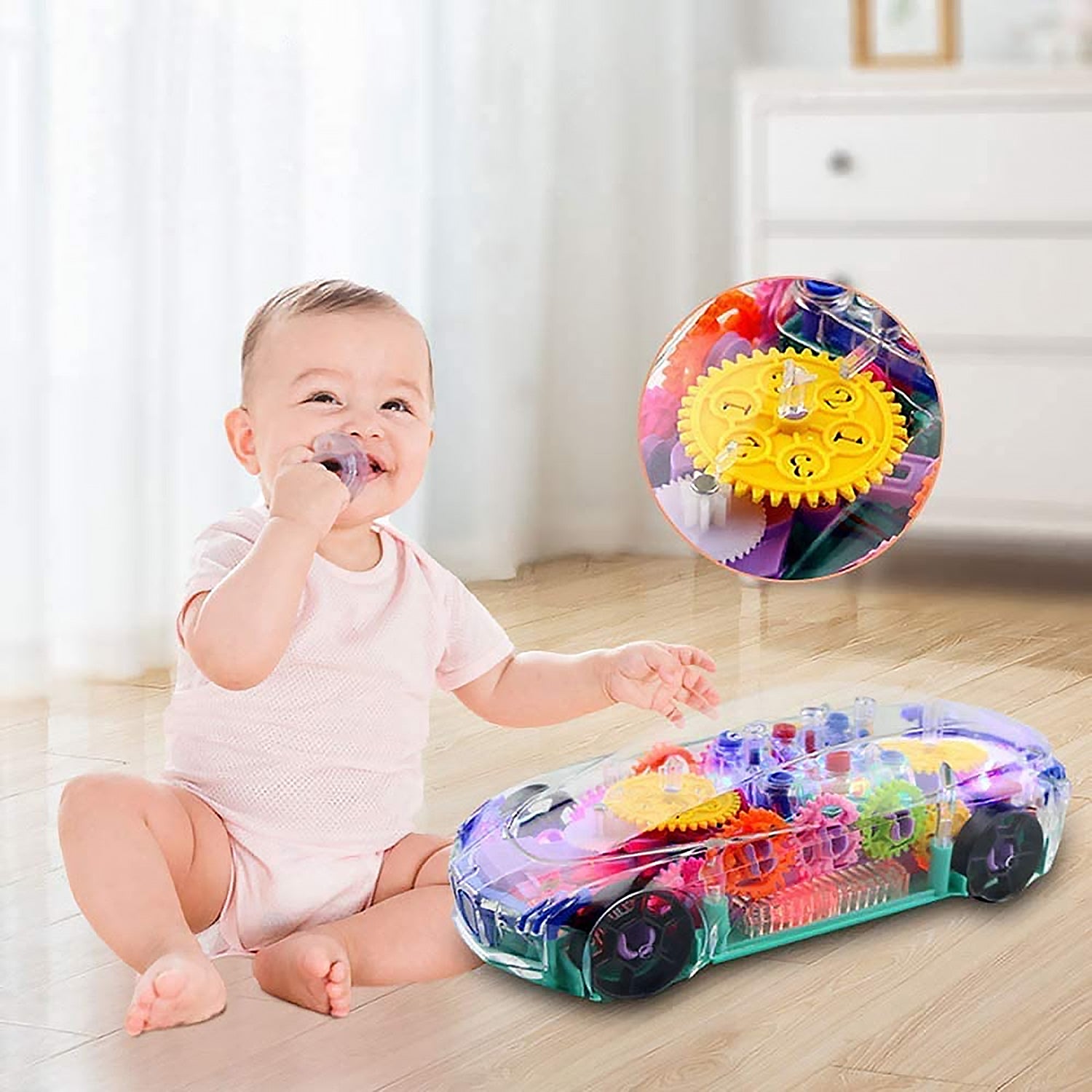 Wukusy 17793 automatic 360° rotating transparent gear concept car with musical and 3D flashing lights for kids and boys