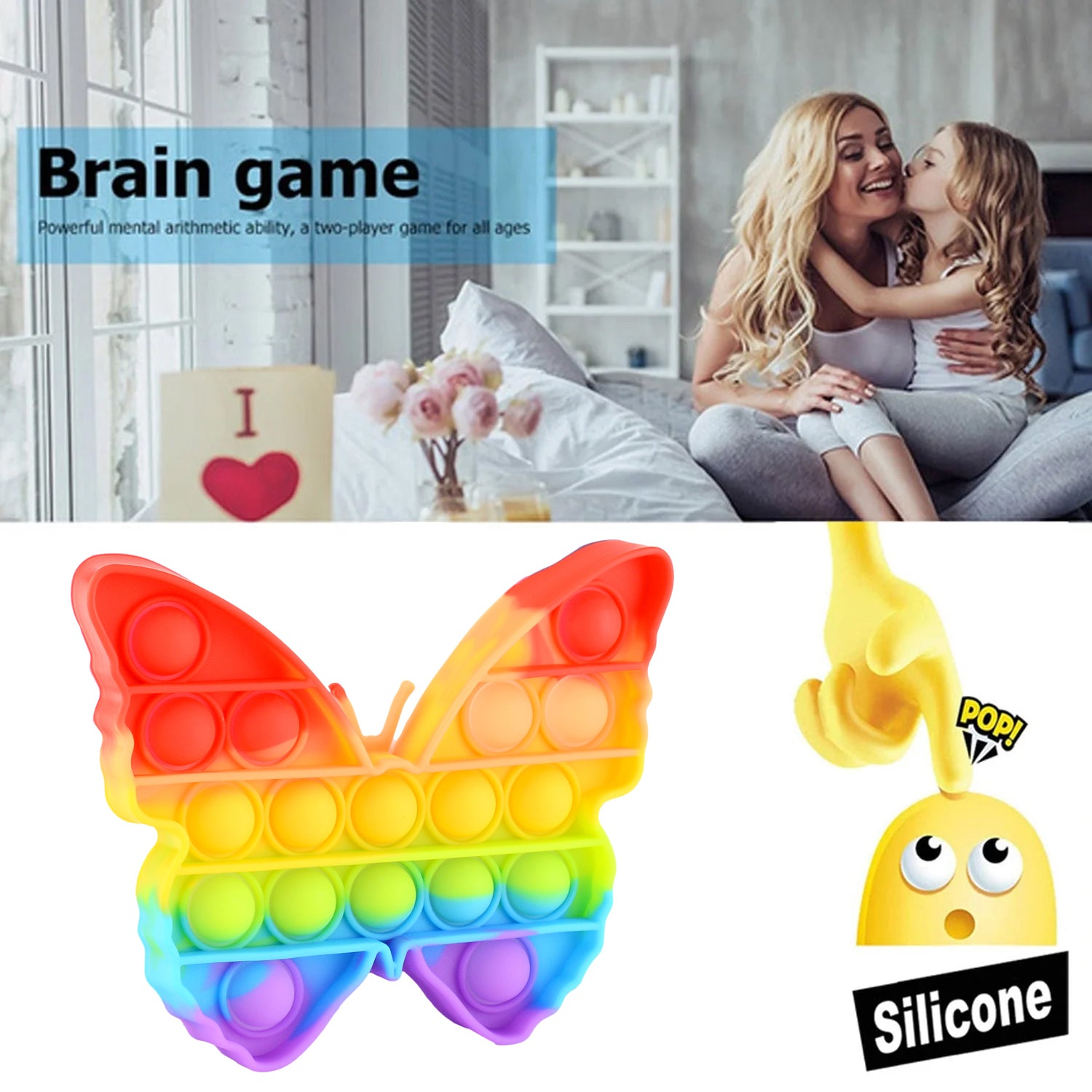 Wukusy butterfly and car-shaped Pop Fidget Toy with colorful bubbles, sensory stress relief toy for kids and adults.