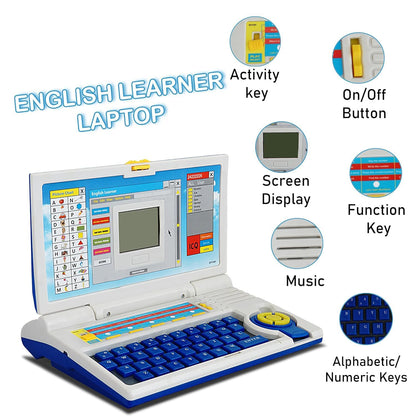 Wukusy English Learner Educational Laptop Toy showing colorful keyboard and screen with learning activities for kids