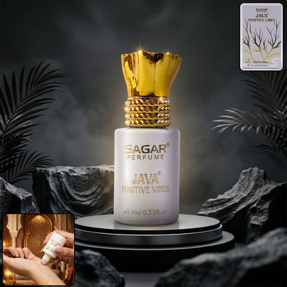 Wukusy Sagar Java Positive Vibes roll-on attar perfume oil in 9.9ml bottle, alcohol-free fragrance for men and women.