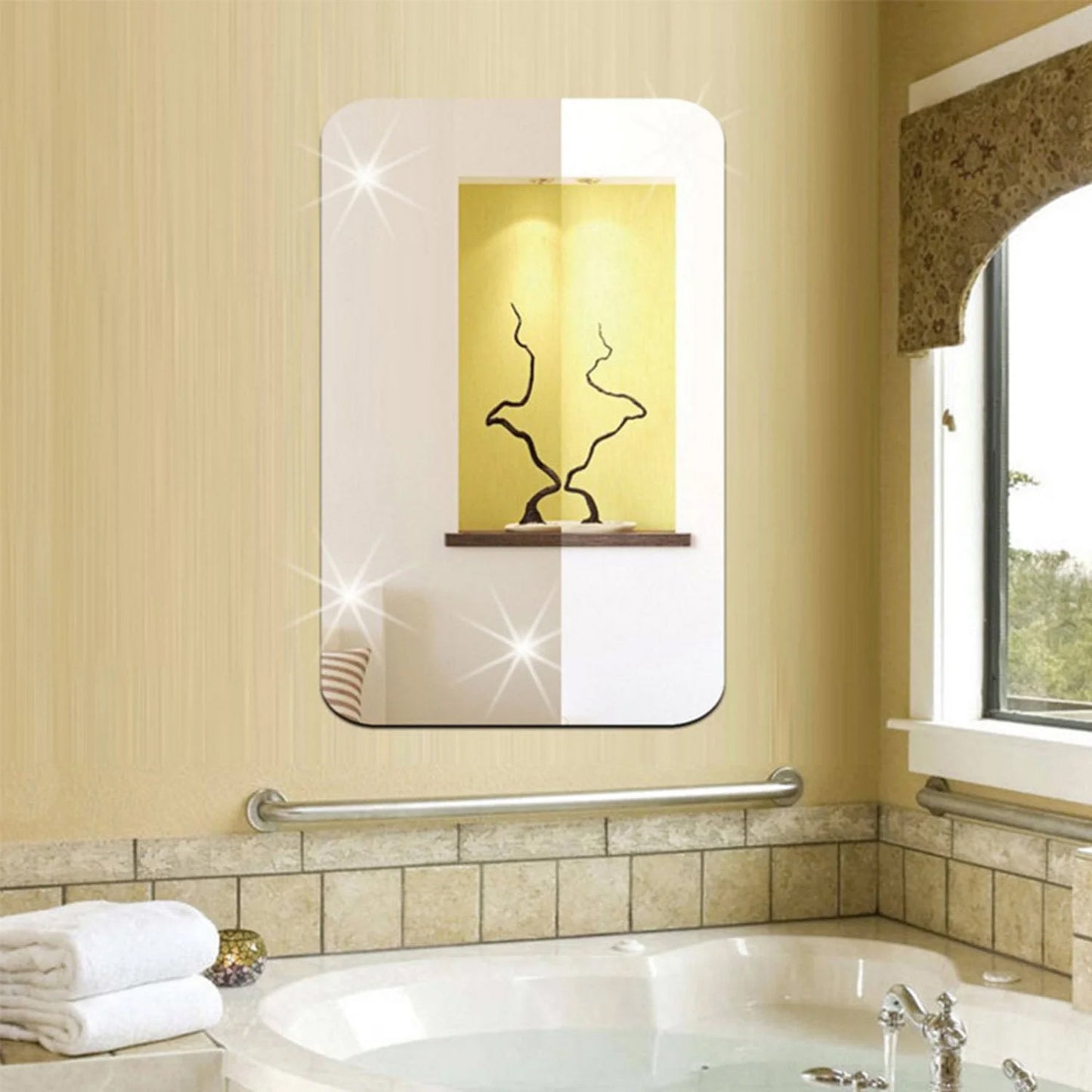 Wukusy plastic square 3D mirror wall sticker, 30x30 cm, decorative home improvement decor reflecting light on a wall.