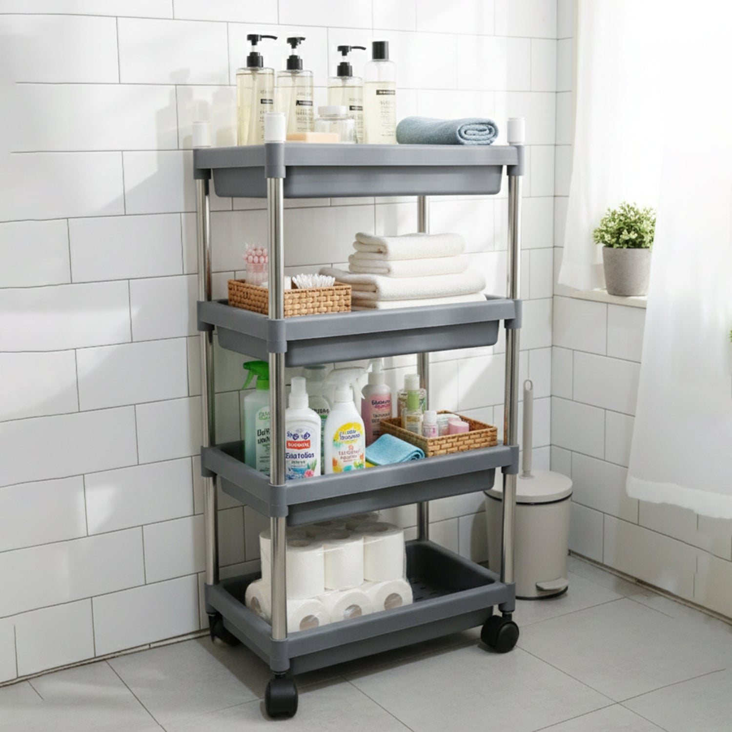 Wukusy 4-layer rolling storage cart with wheels for home organization, featuring durable plastic shelves and easy mobility.
