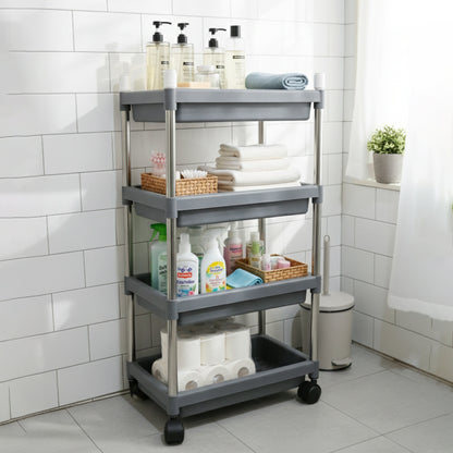 Wukusy 4-layer rolling storage cart with wheels for home organization, featuring durable plastic shelves and easy mobility.