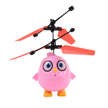 Pink owl-shaped RC toy set with LED lights, remote control, flying bird design by Wukusy, perfect for kids' play and entertainment.