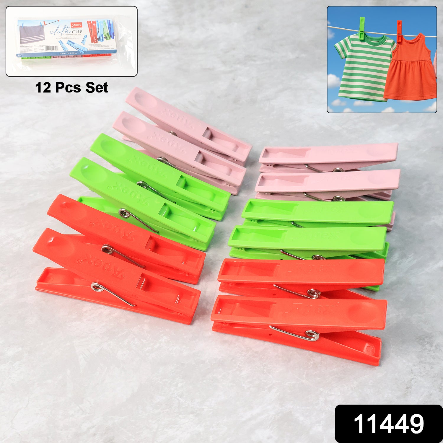 Set of 12 Wukusy durable plastic cloth clips with stainless steel springs, strong grip laundry pegs for home improvement tasks.