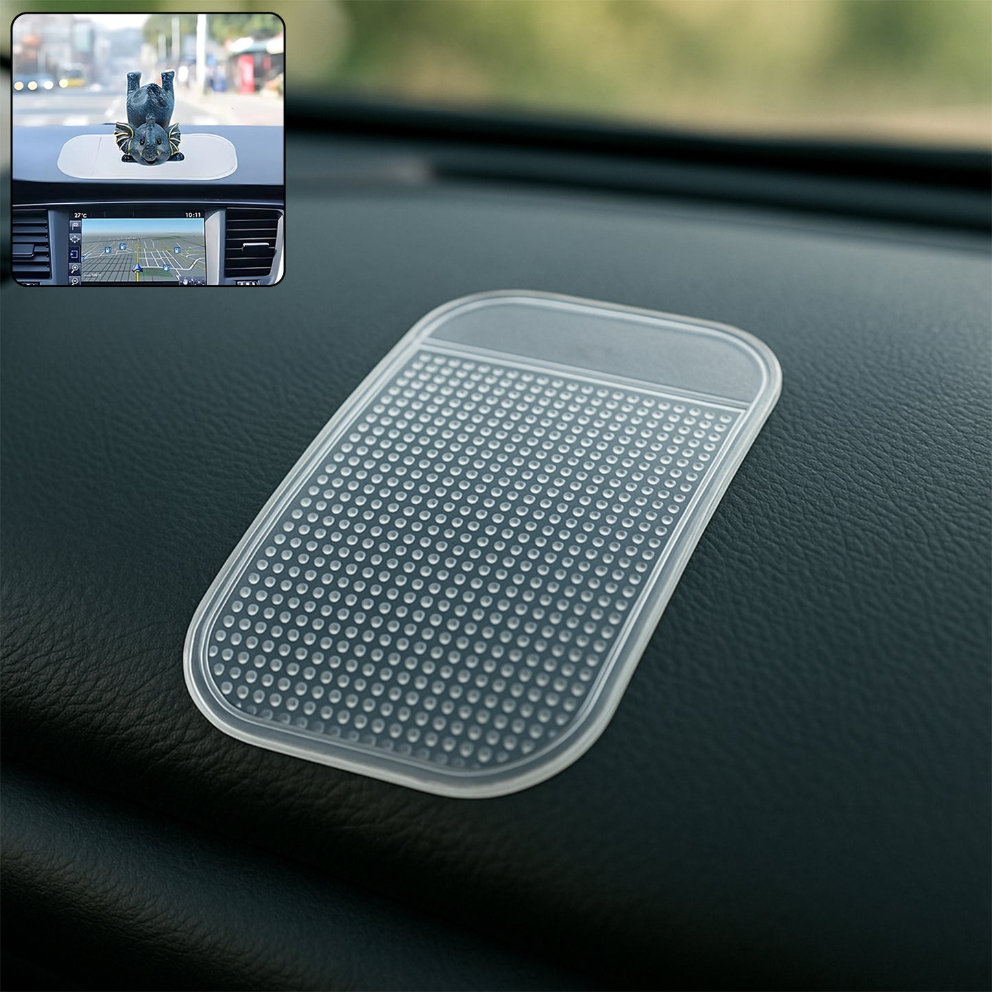 Large transparent Wukusy anti-slip dashboard mat for cars, designed to keep items stable on vehicle dashboard.