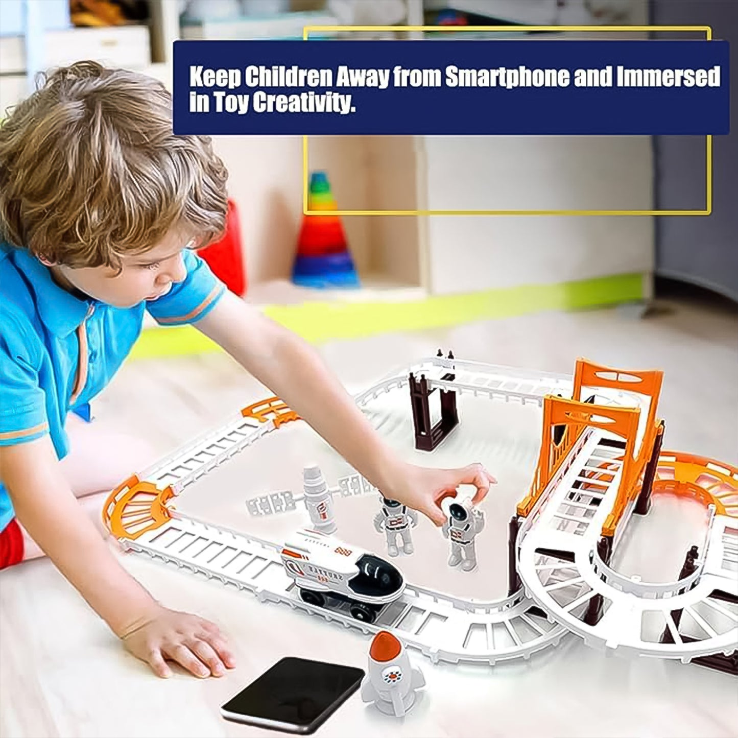 Wukusy Outer Space Race Track Set for Kids toys with colorful space-themed tracks and vehicles, ideal for imaginative play.