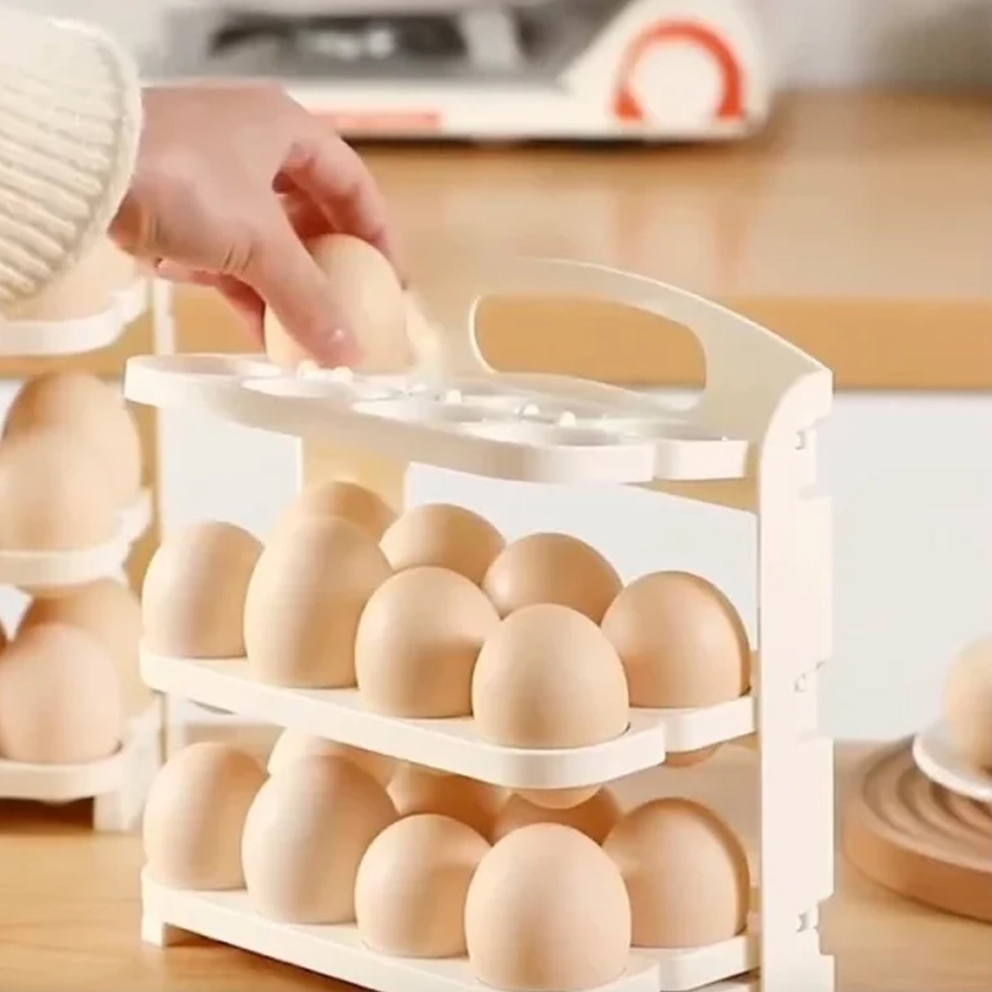 Plastic foldable egg tray with 24-grid egg storage box by Wukusy, designed for kitchen use and easy to store.