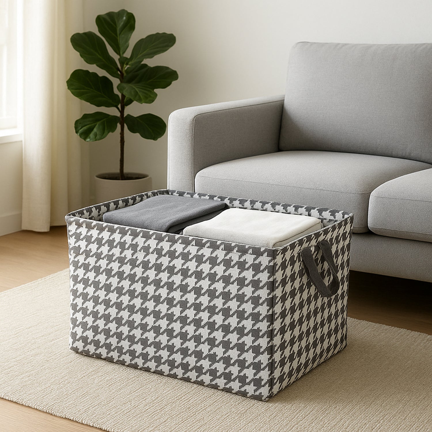 Wukusy foldable fabric storage box with handles, 47x28 cm, used for organizing home supplies and keeping spaces tidy.
