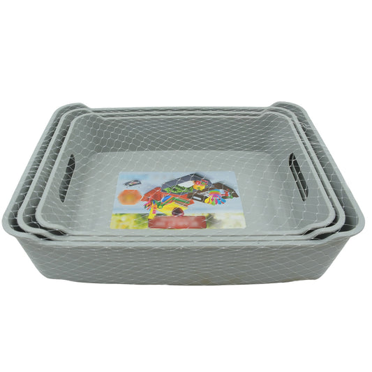 Wukusy 3645 multi-purpose plastic storage tray set with three baskets for organizing fruits, vegetables, magazines, or cosmetics.