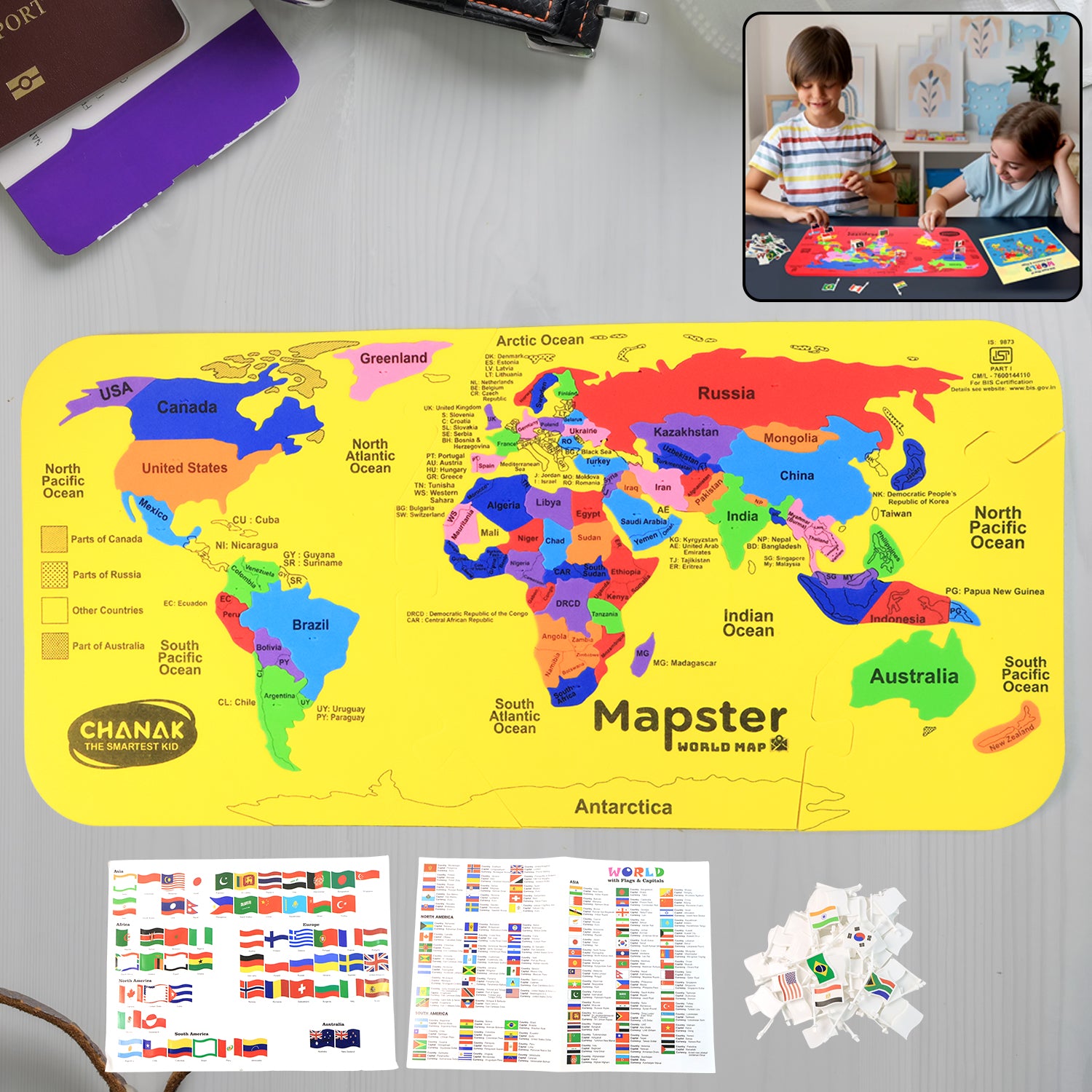 Wukusy Aditi Mapster World Map Eva Foam Puzzle Set with colorful puzzle pieces for educational play and learning.